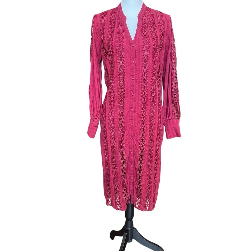 Champagne & Strawberry Midi Shirt Dress Size Medium Maroon Lace Pattern No Belt